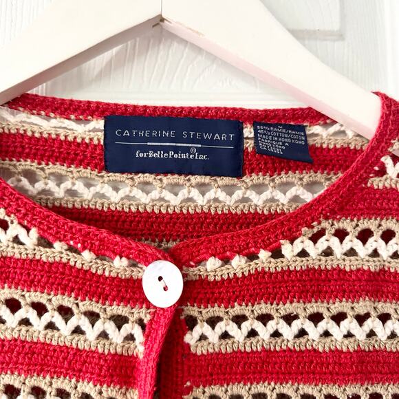 Catherine Stewart Belle Pointe Red Beige Stripe Open Hand Knit Vintage Cardigan - Picture 5 of 9